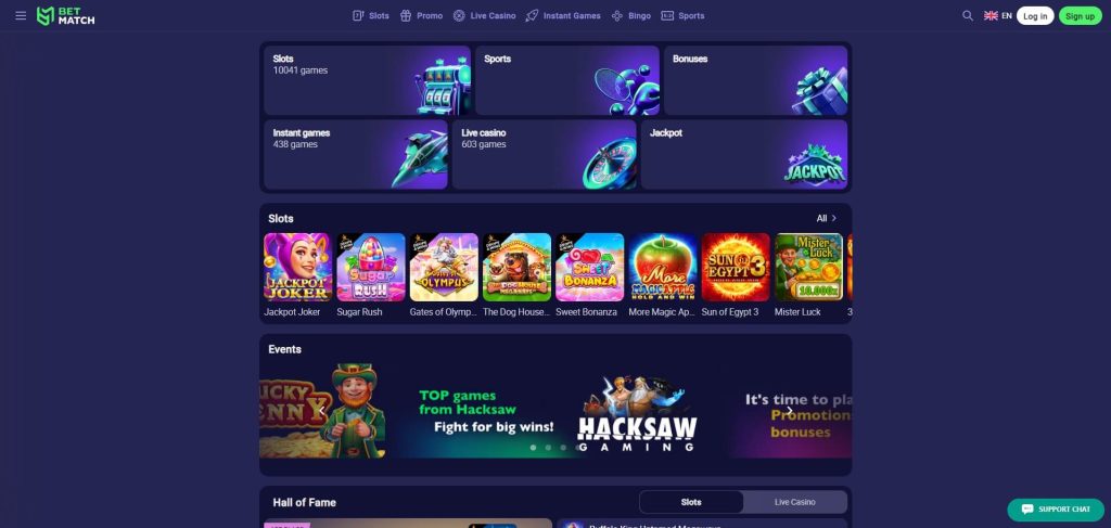 Betmatch Casino online kaszinó főoldala és játékkínálata